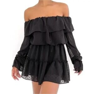 NWT Rumored Off Shoulder Mini Dress Ruffle Long Sleeve Lace Tiered Black XS‎